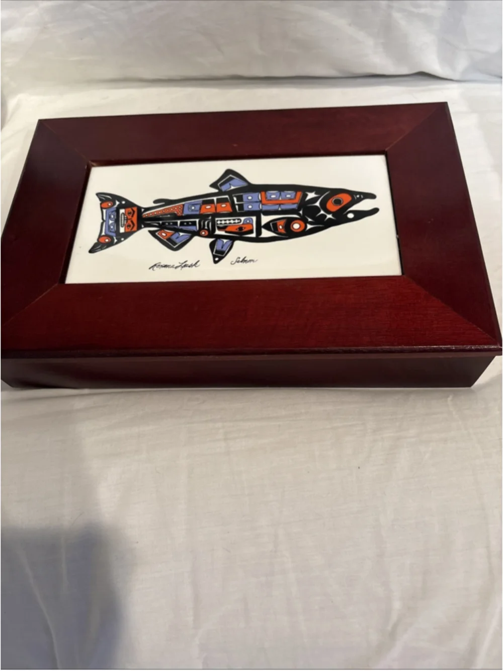Vintage Roxana Leask Native Artwork “Salmon” Trinket Box. 1097